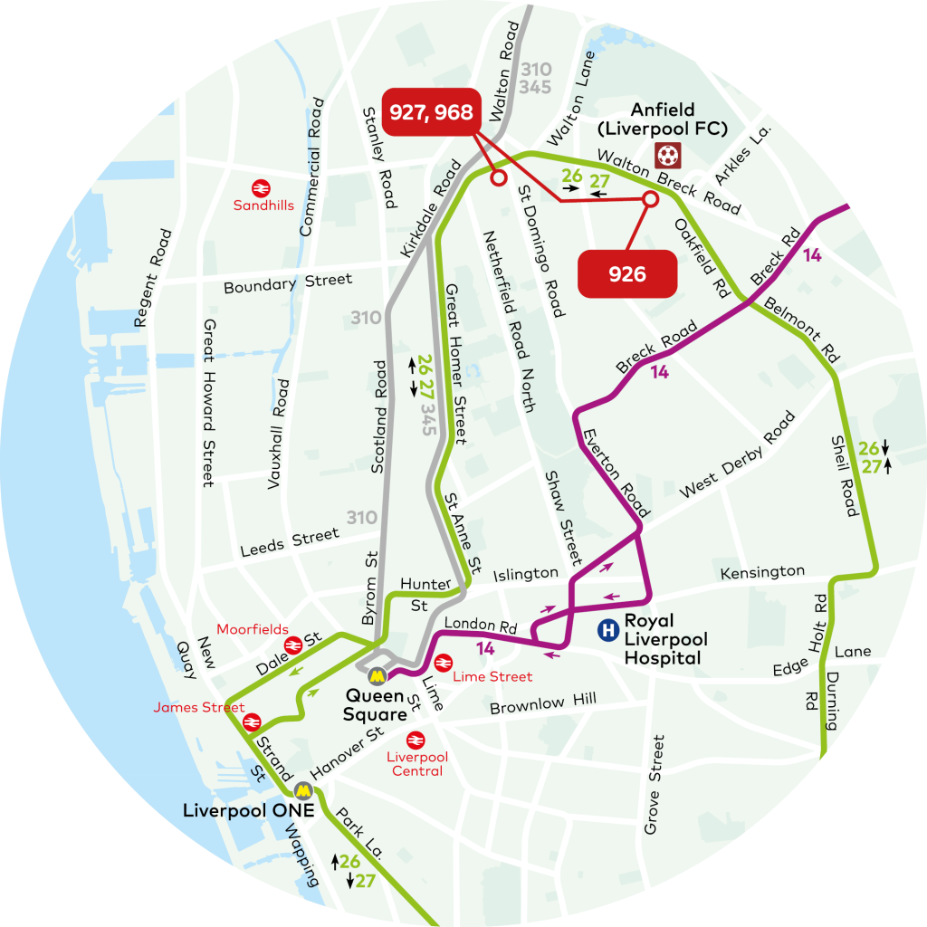 Map showing services to Anfield Stadium