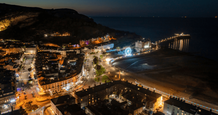 Llandudno Promenade aerial view at night